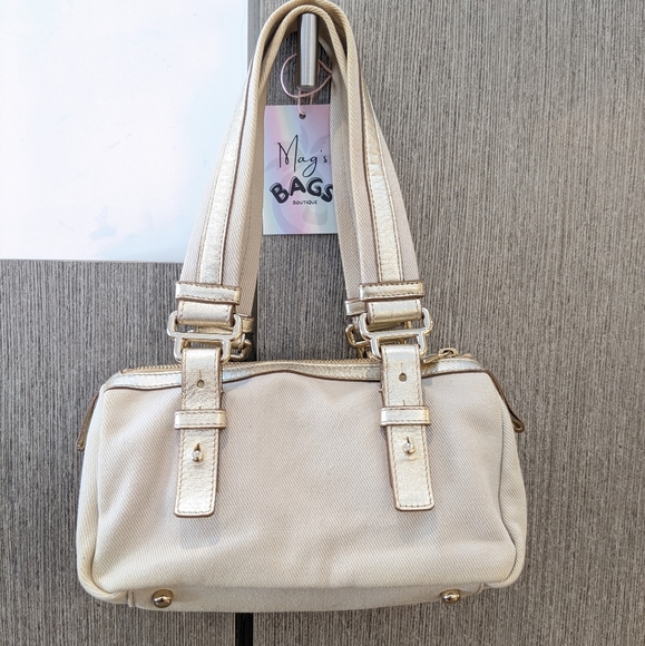 YSL: Metallic Mini Boston Kahala Canvas Leather Tote Shoulder Bag - Picture 7 of 16